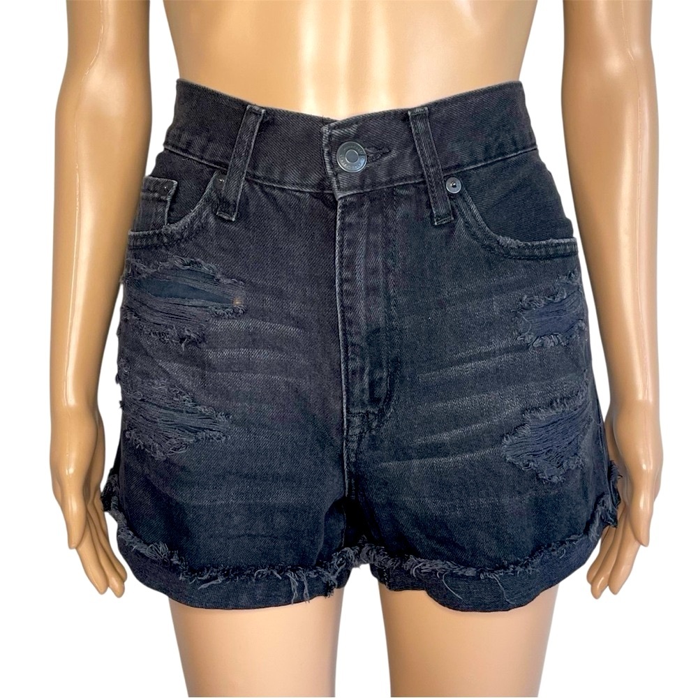 Aeropostale Solid Black Distressed High Rise Denim Mom Short Shorts
